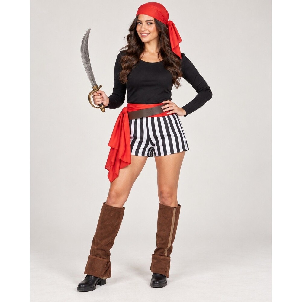 Women's Pirate Costume Set Striped Shorts Sash Belt Boot Covers Halloween